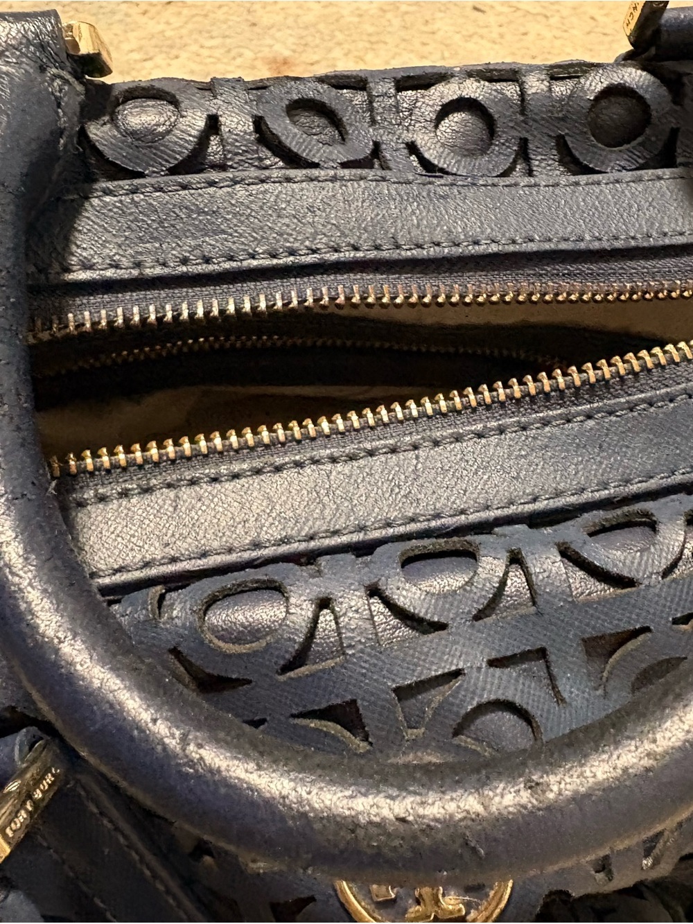 Tory Burch Navy Perforated Logo Satchel with Gold Hardware (REHAB) - Picture 6 of 9